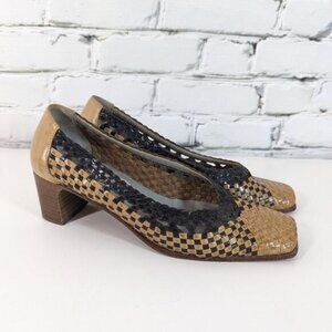 90s Heels  vintage heels  Woven leather square toe shoes for women  tan